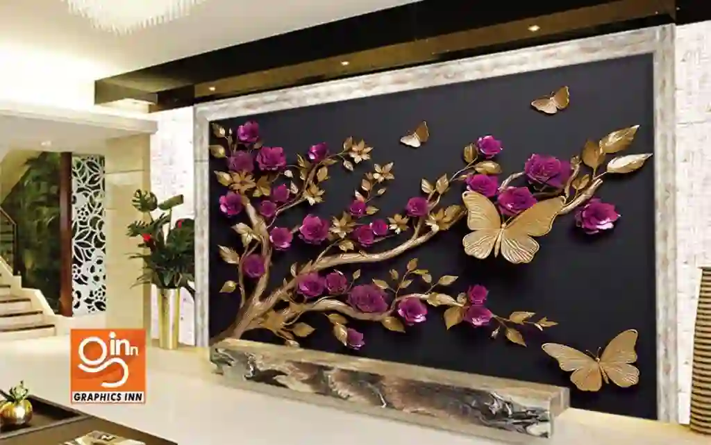 Elegant 3D Wall Art Gold Tree Branches with Magenta Flowers and Butterflies 2 Side 35