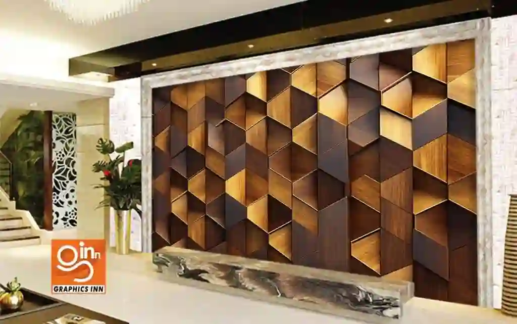 Realistic 3D Wallpaper Decorative Wood Mosaic with Golden Accents 2 Side 37