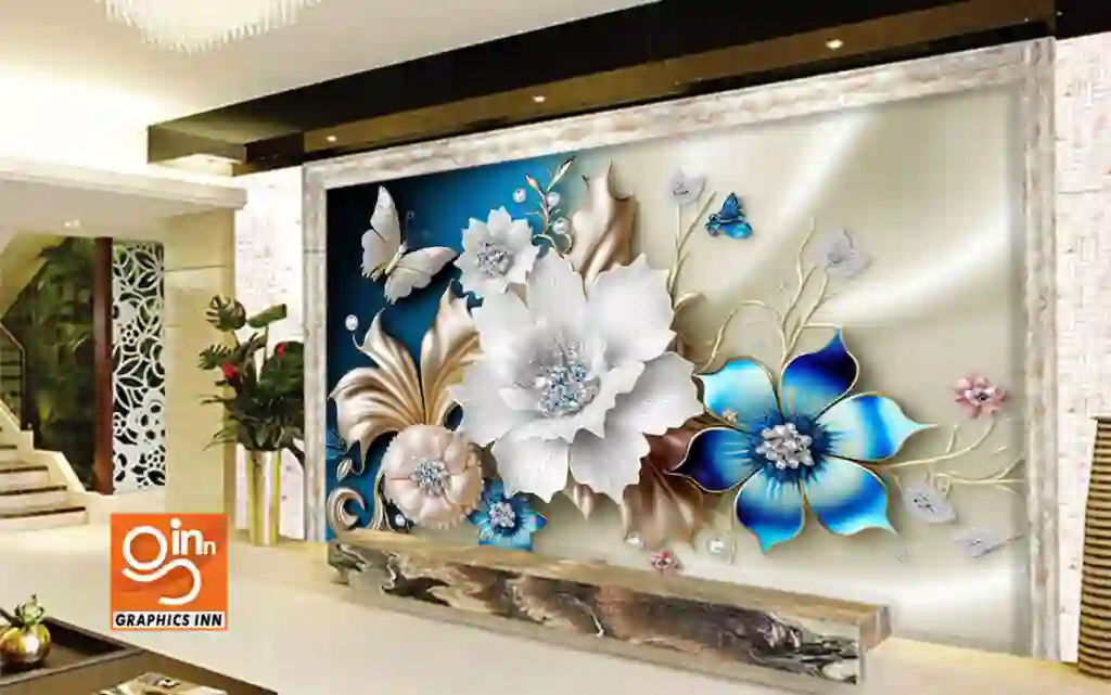 3D Wallpaper White and Blue Flower and Butterfly Jewelry with Satin Texture Design 2 Side 5