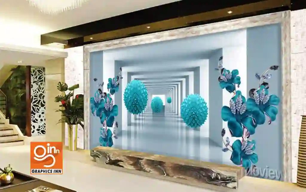 3d wallpaper blue jewelry flowers and blue balls on tunnel background 2 Side 7