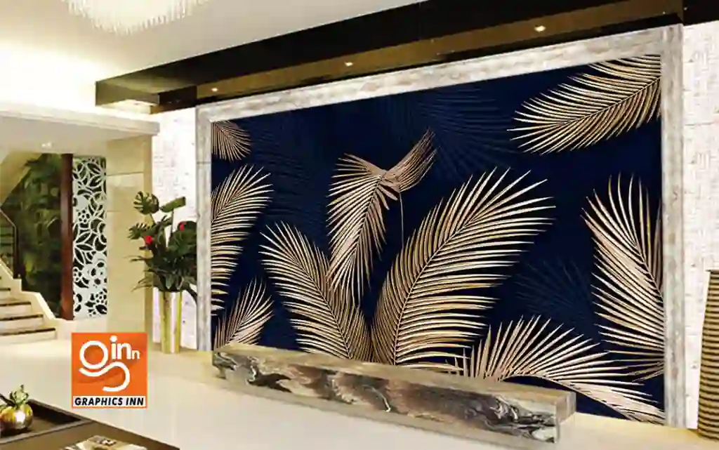 Golden leaves on a blue background Tropical leaves Wallpaper 2 Side 9
