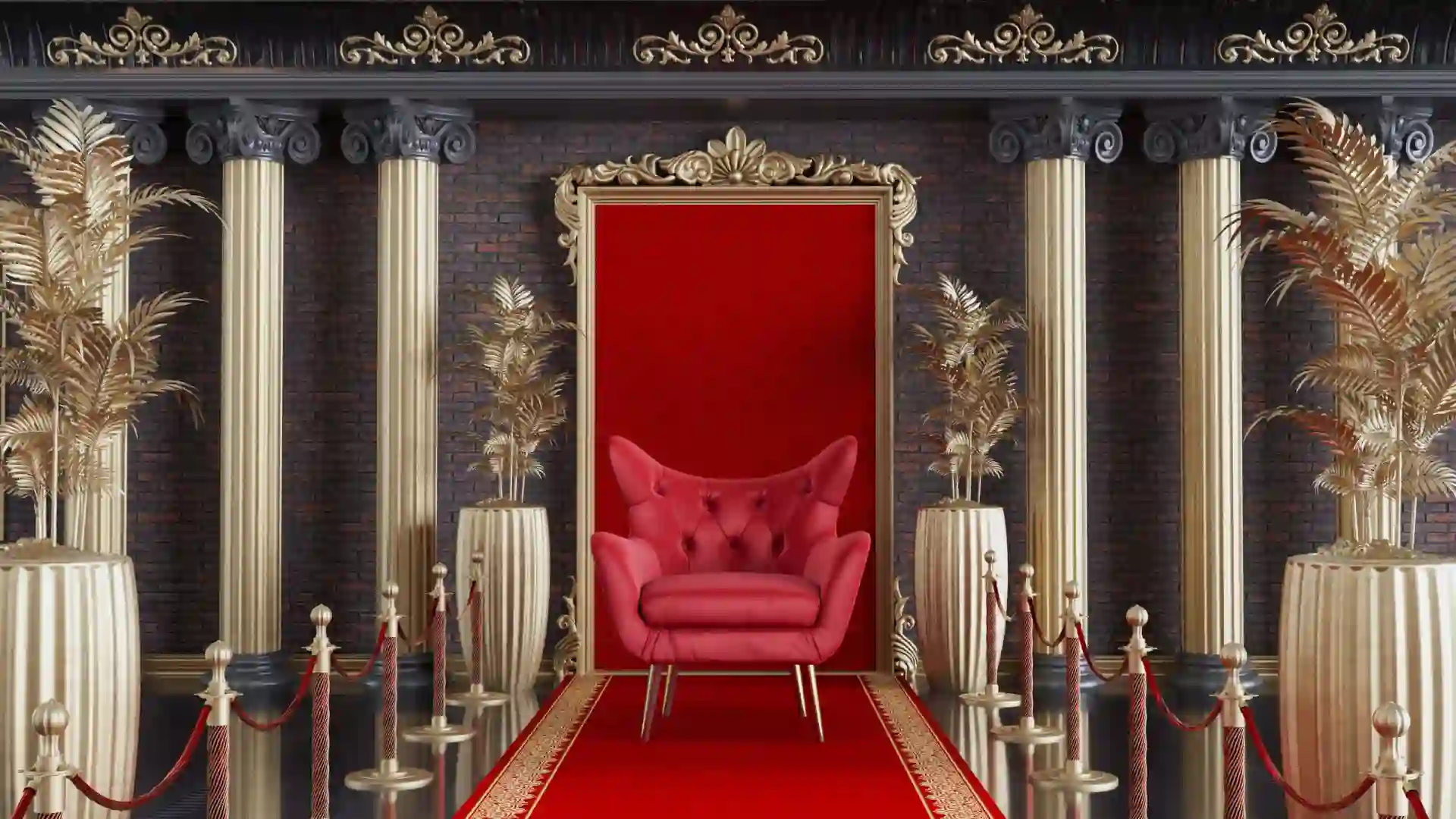 3D render of red armchair with red carpet and gold barriers background 2 3D render of red armchair with red carpet and gold barriers red armchair on classic column architecture background scaled