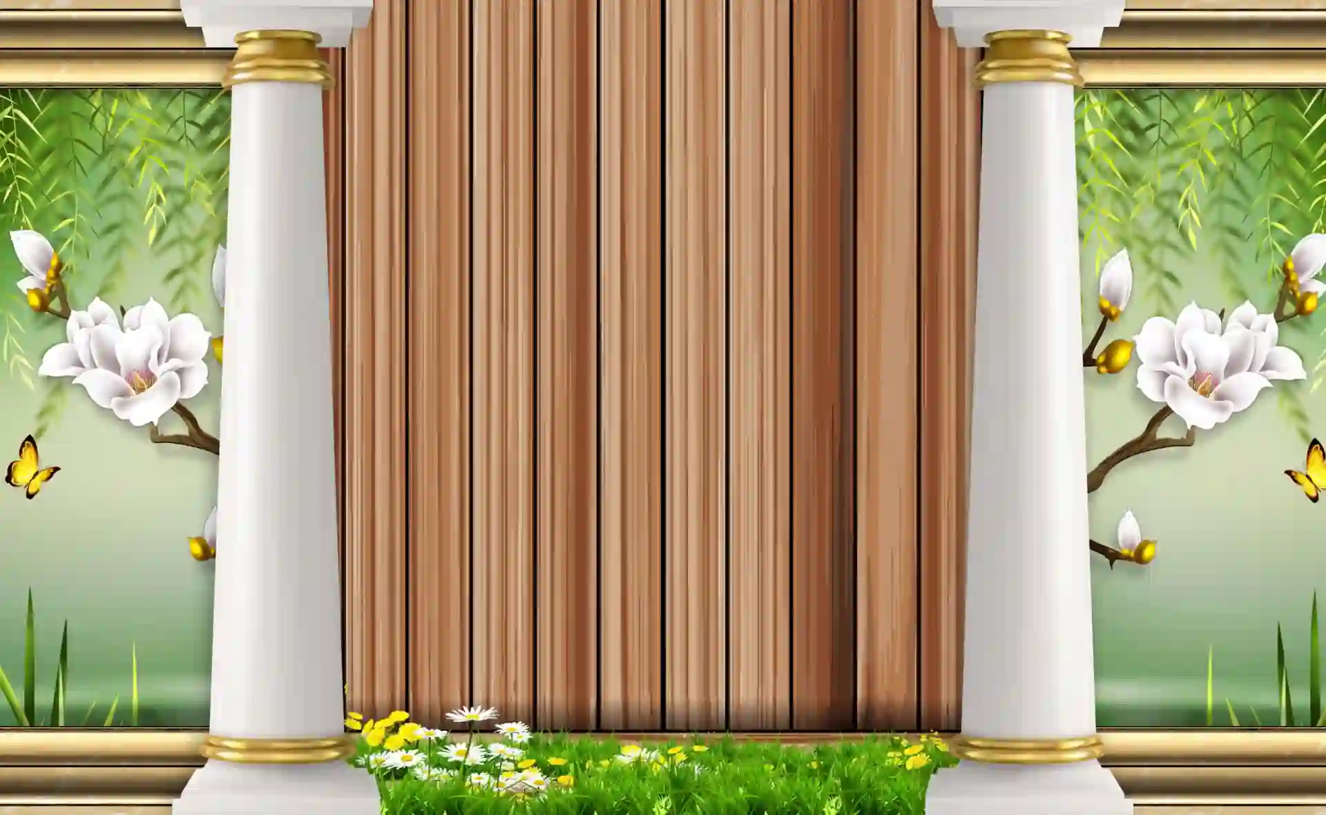 3D render Golden ornamental flowers on golden stripes background 2 3d render Golden ornamental flowers on golden stripes background with 3d pillars scaled