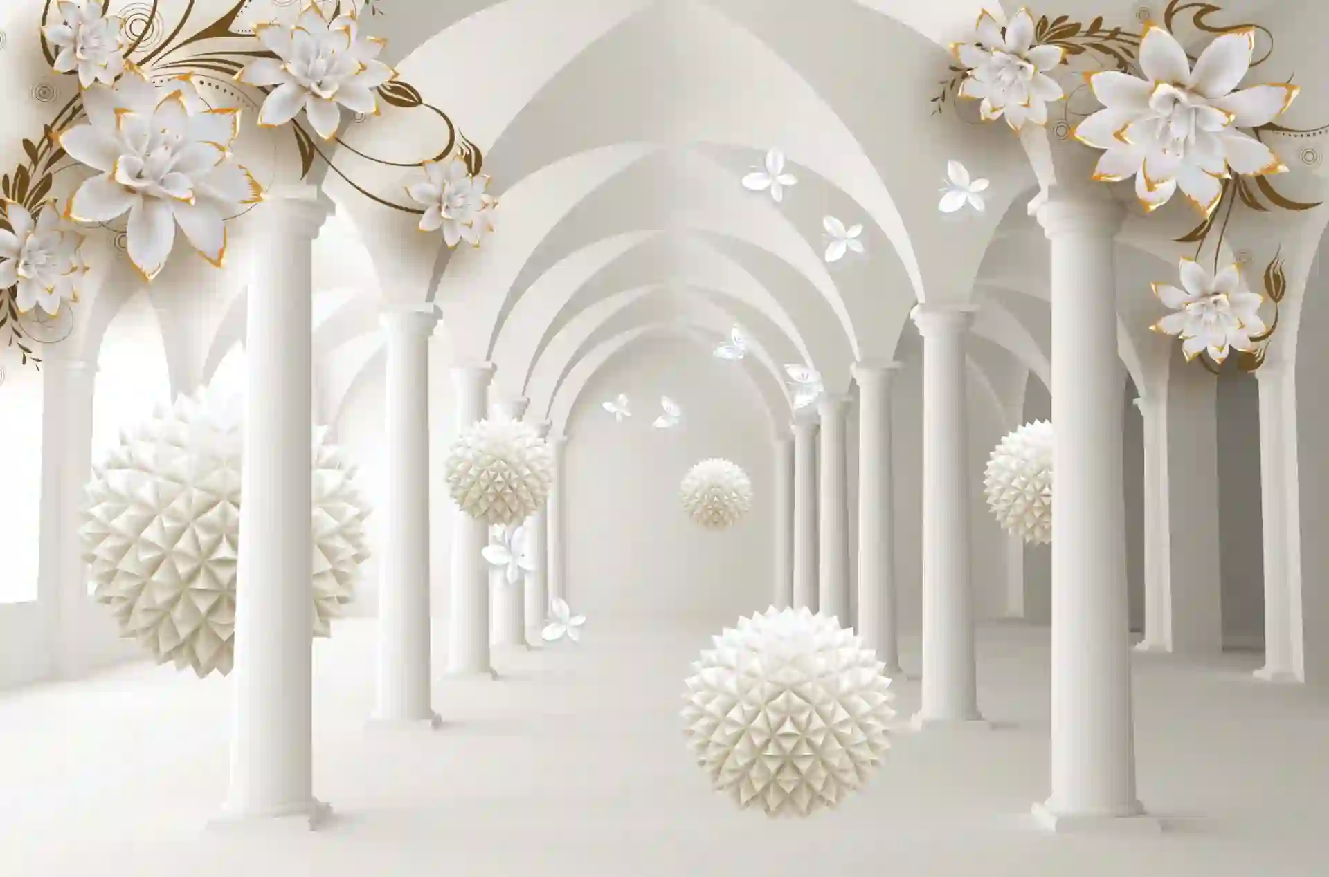 3d wallpaper Tall columns with hanging balls and flowers 2 3d wallpaper Tall columns with hanging balls and flowers and butterflies scaled