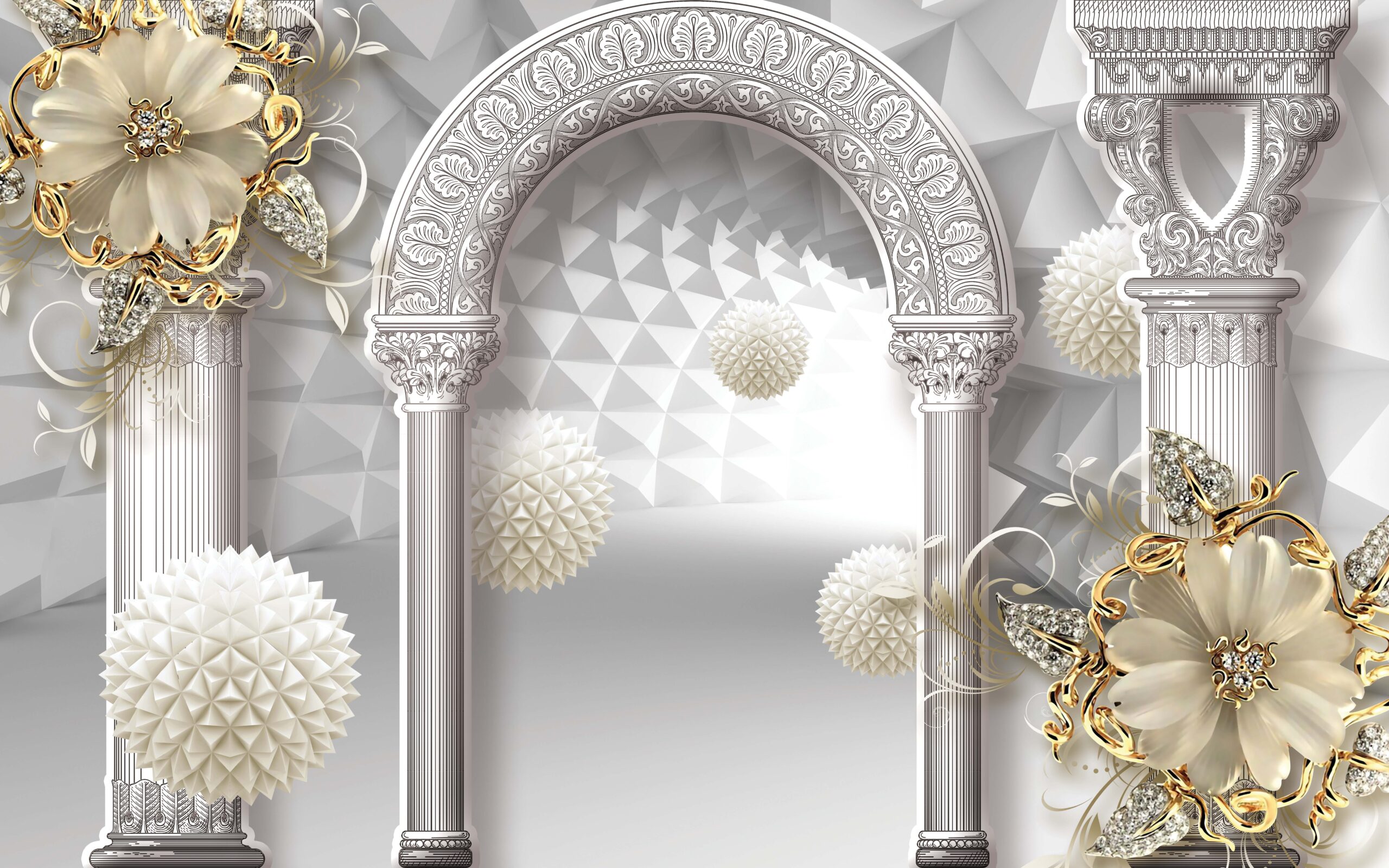 3d wallpaper With a background of golden flower tunnel design and balls and columns 1 scaled