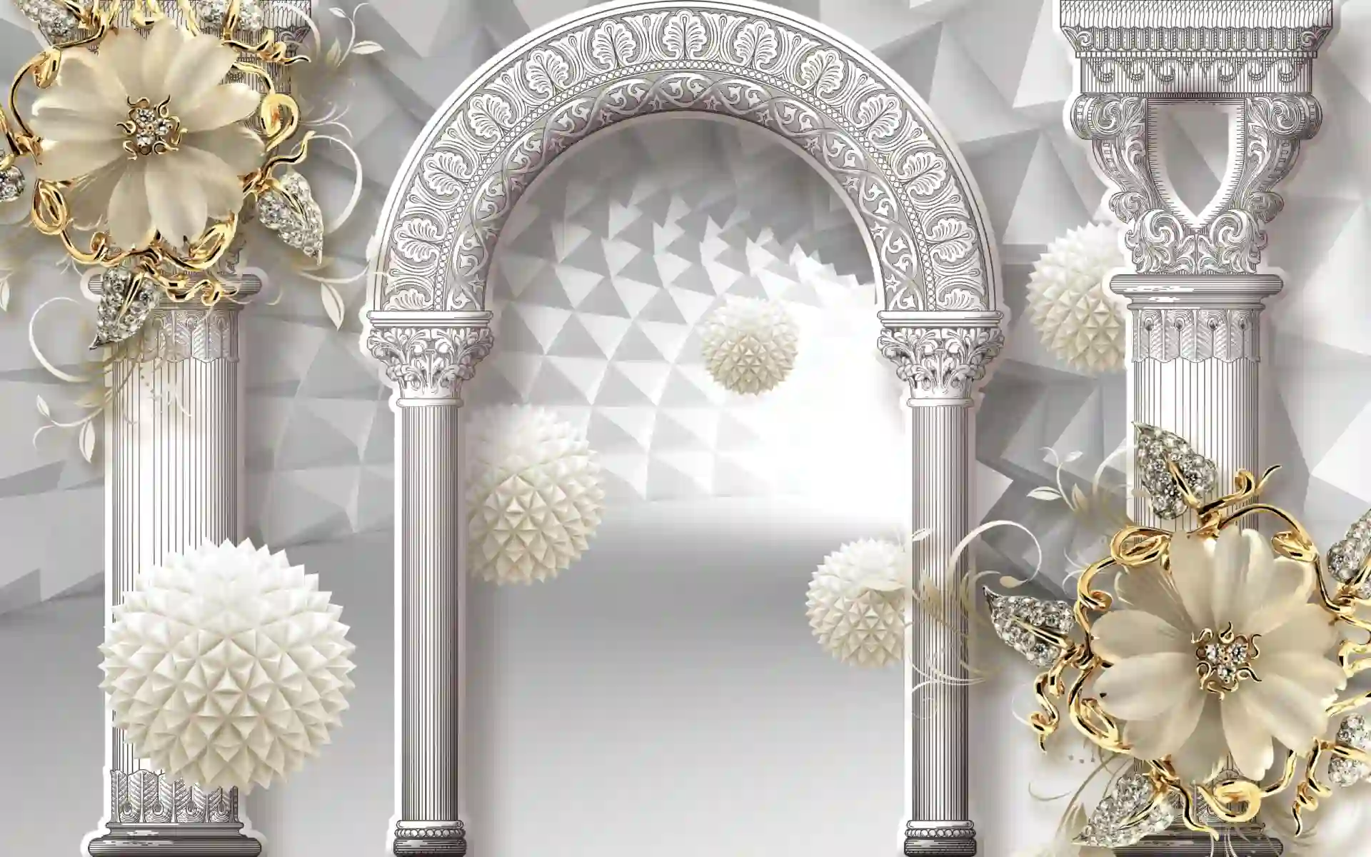3d wallpaper With a background of golden flower tunnel design 2 3d wallpaper With a background of golden flower tunnel design and balls and columns 1 scaled