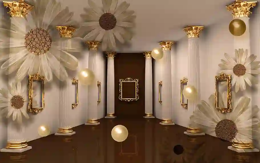 3d wallpaper golden louts flowers on golden pillars background 2 3d wallpaper golden louts flowers on golden pillars background mural