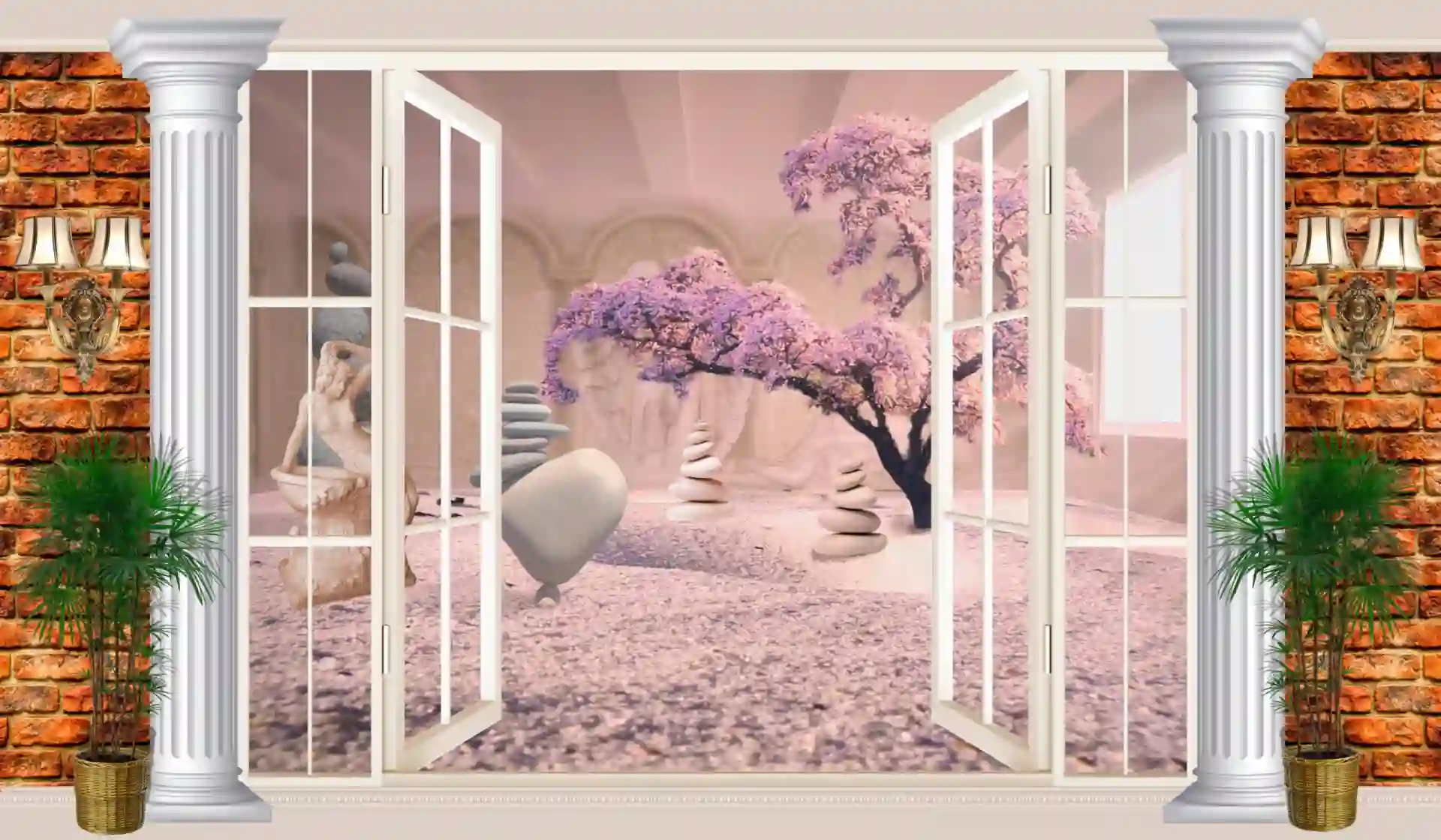 3d wallpaper interior with a brick wall with an entrance to a room with stones 2 3d wallpaper interior with a room. 3d image. A brick wall with an entrance to a room with stones 1 scaled