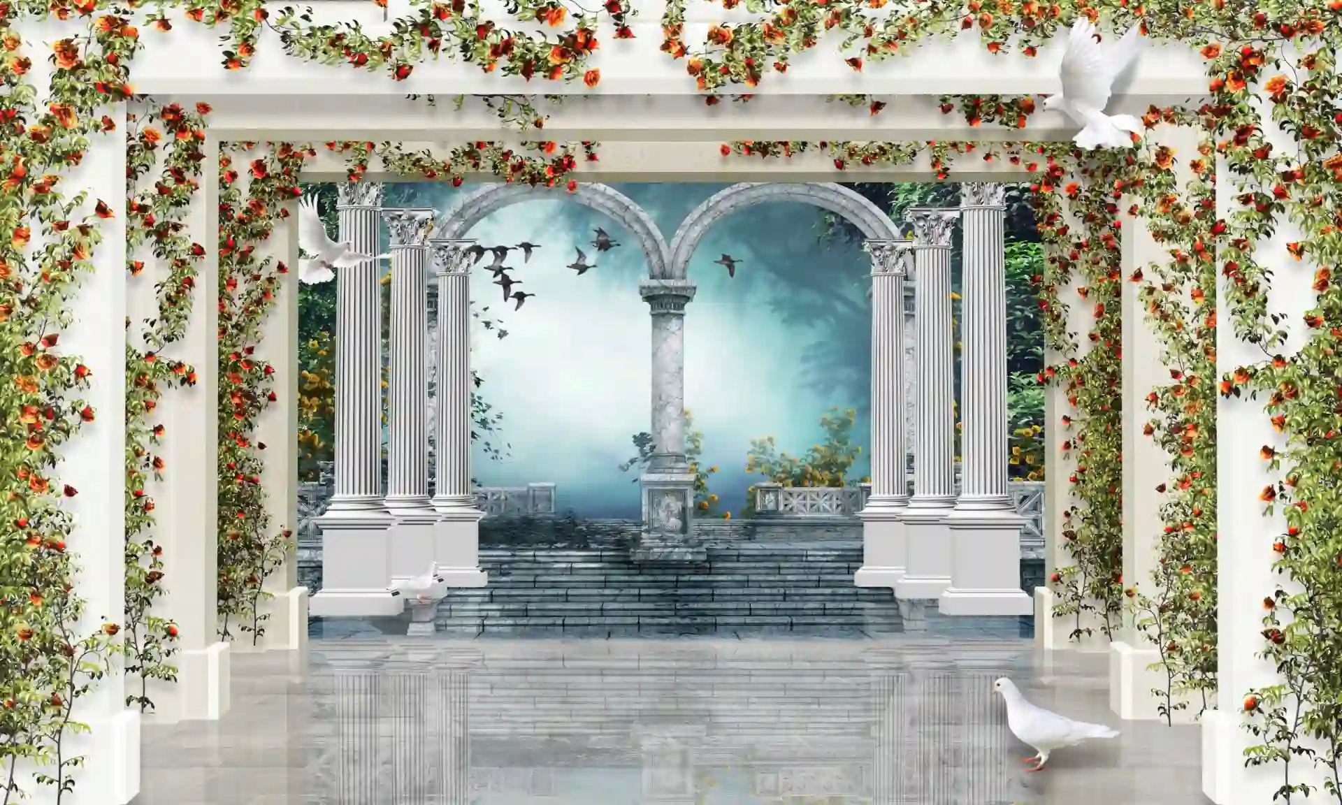 3d wallpaper landscape view of the entrance to the palace 2 3d wallpaper landscape view of the entrance to the palace roses and birds. Home decor for living room wallpaper 1 scaled