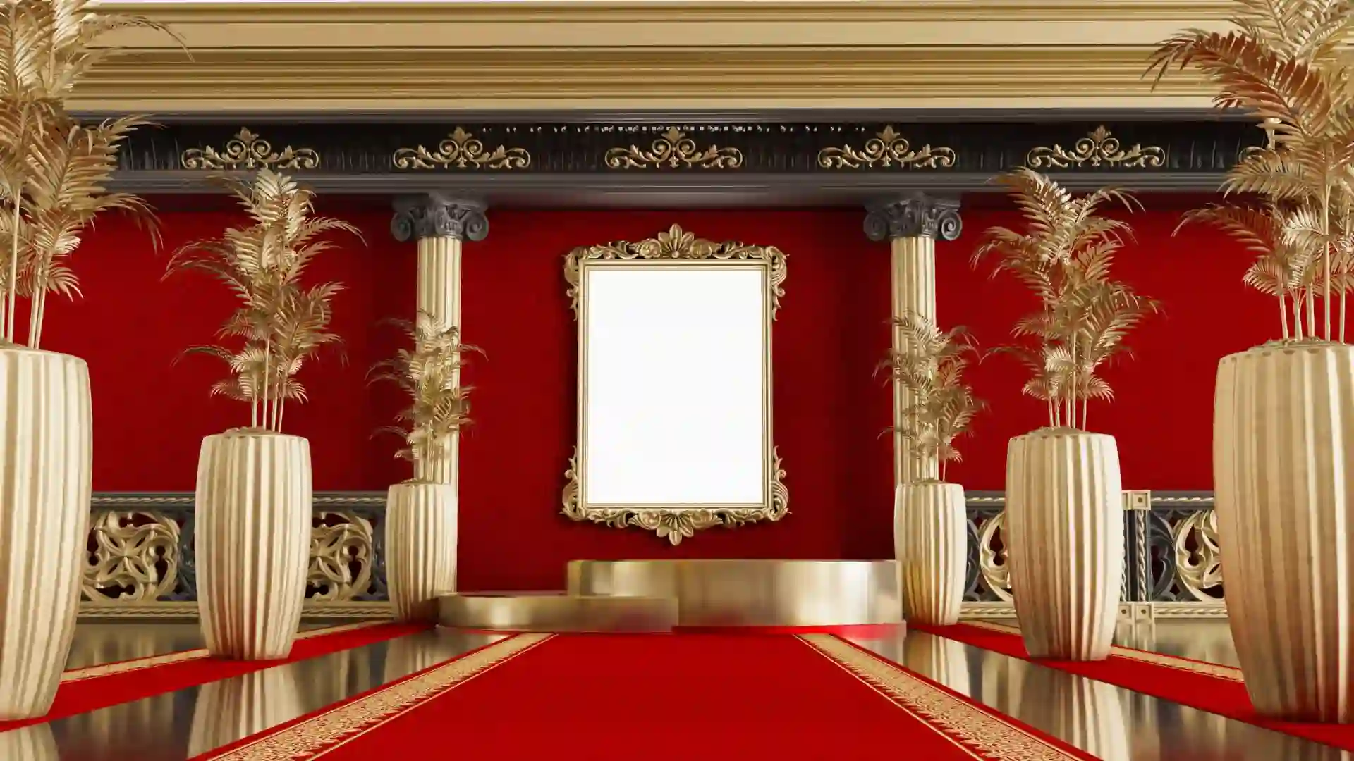 Abstract classical background with red carpet 3D render 2 Abstract classical background with golden frame for product display golden blanc frame with red carpet 3D render scaled