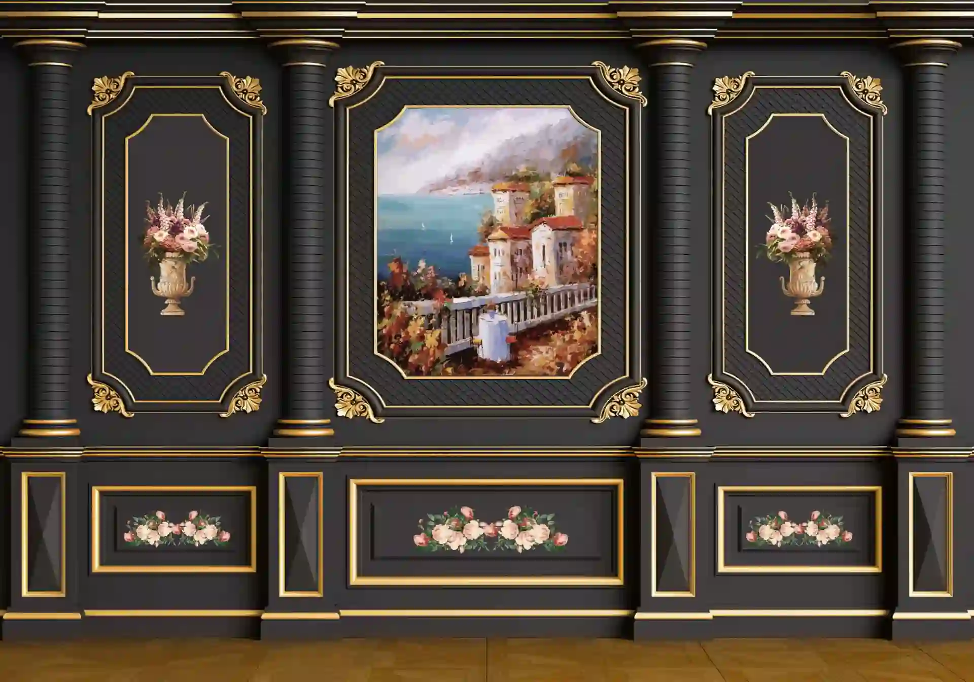 Classic interior wall with moldings 3d rendering 2 Classic interior wall with moldings 3d rendering scaled
