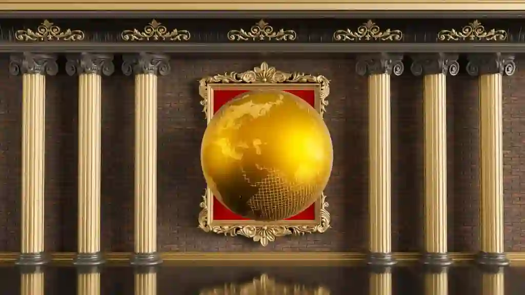 Golden earth globe on classic columns background 2 Golden earth globe on classic columns background
