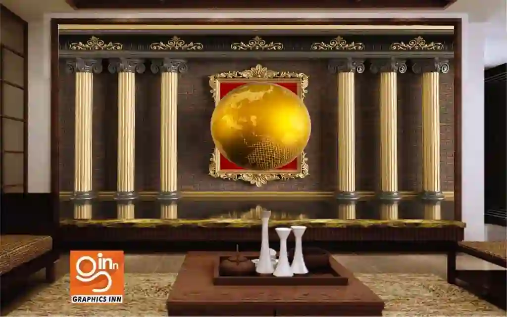 Golden earth globe on classic columns background 1 Golden earth globe on classic columns background