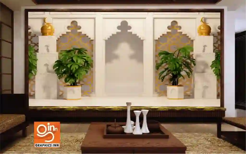Islamic room scene gold ornament copy space background 1 Islamic room scene gold ornament copy space background