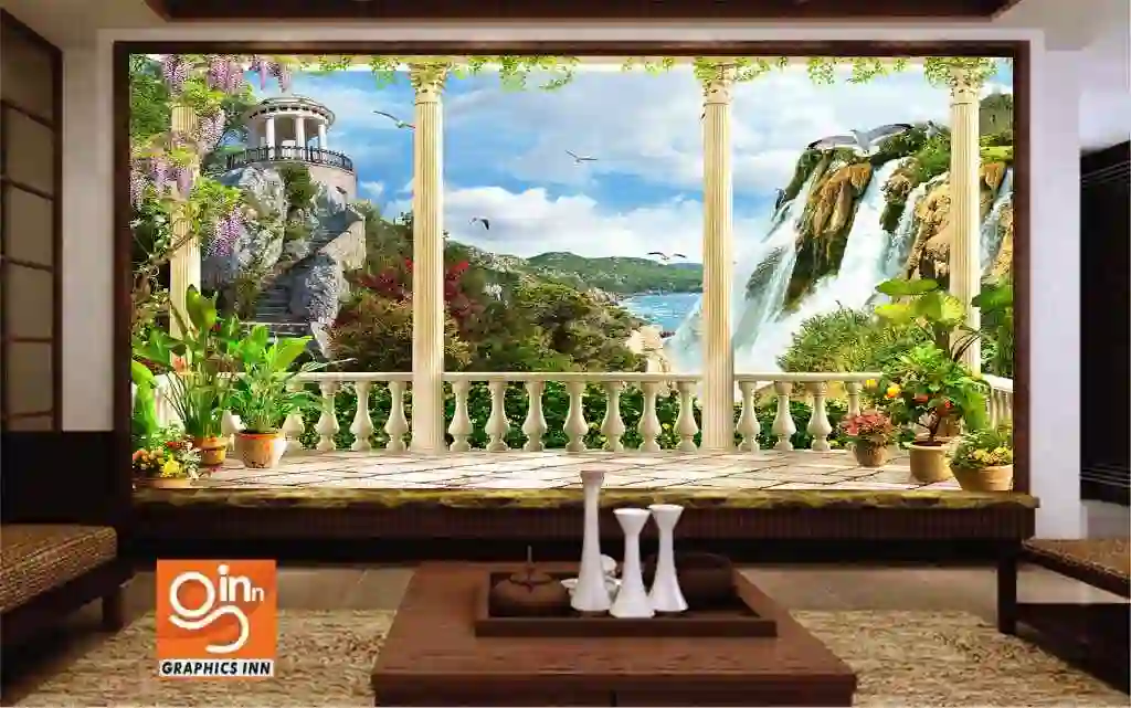 Stunning View from the Terrace on a Beautiful Mountain Landscape with a Waterfall 1 Stunning View from the Terrace on a Beautiful Mountain Landscape with a Waterfall