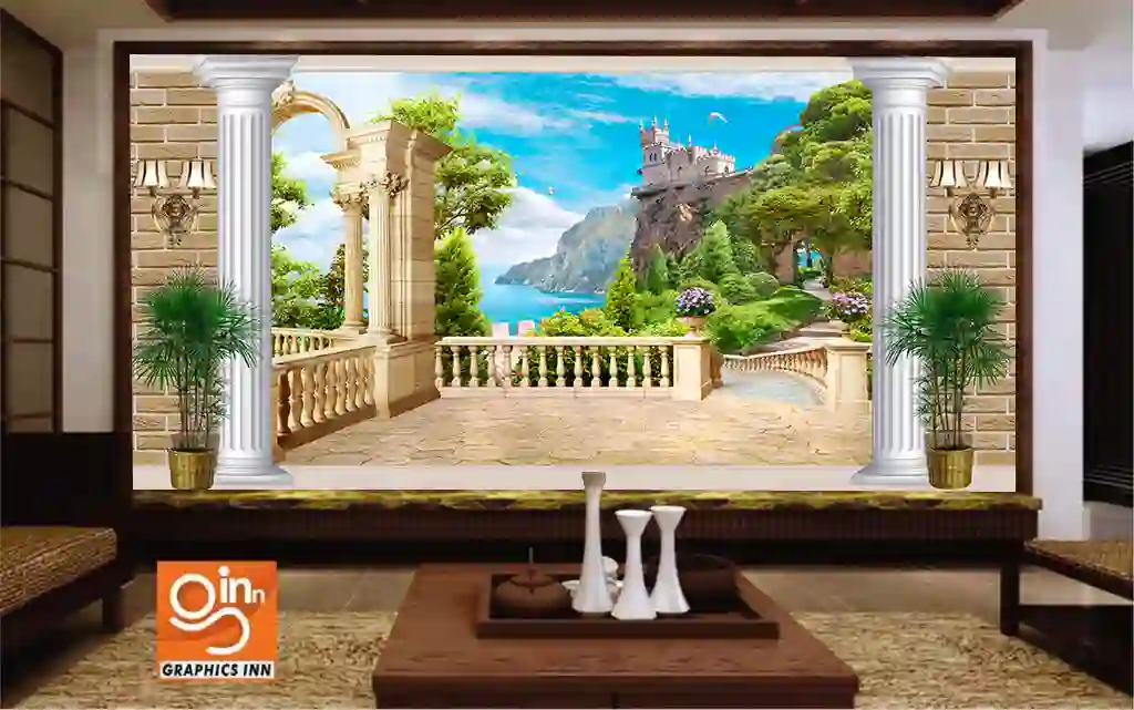 Italian Coast Balcony View with Gazebo 3D Wallpaper 1 Italian Coast Balcony View with Gazebo 3D Wallpaper