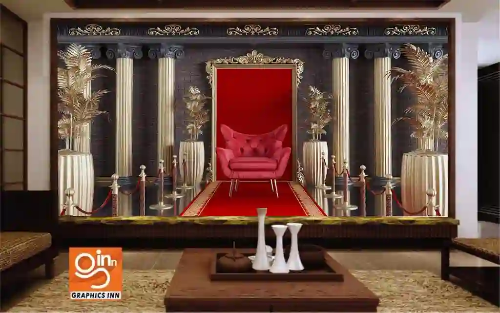 3D render of red armchair with red carpet and gold barriers background 1 Graphics inn img 4