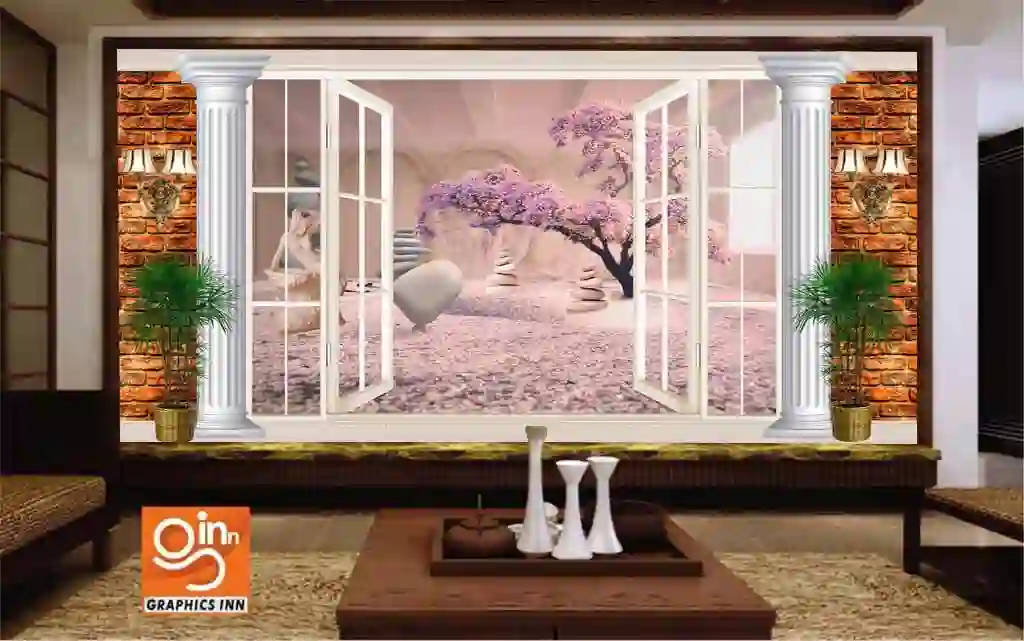3d wallpaper interior with a brick wall with an entrance to a room with stones 1 Graphics inn img 8