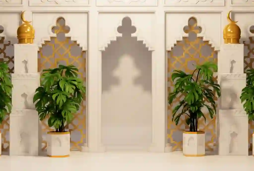 Islamic room scene gold ornament copy space background 2 Islamic room scene gold ornament copy space background.