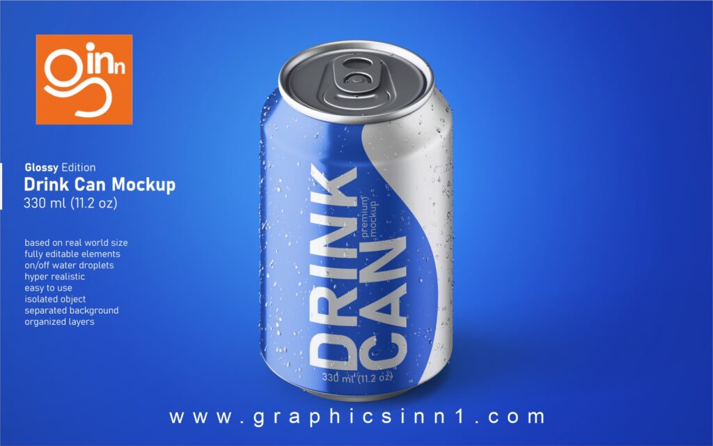 Premium Front View Glossy Beverage Can Mockup