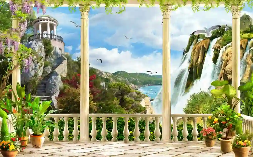 Stunning View from the Terrace on a Beautiful Mountain Landscape with a Waterfall 2 Stunning View from the Terrace on a Beautiful Mountain Landscape with a Waterfall