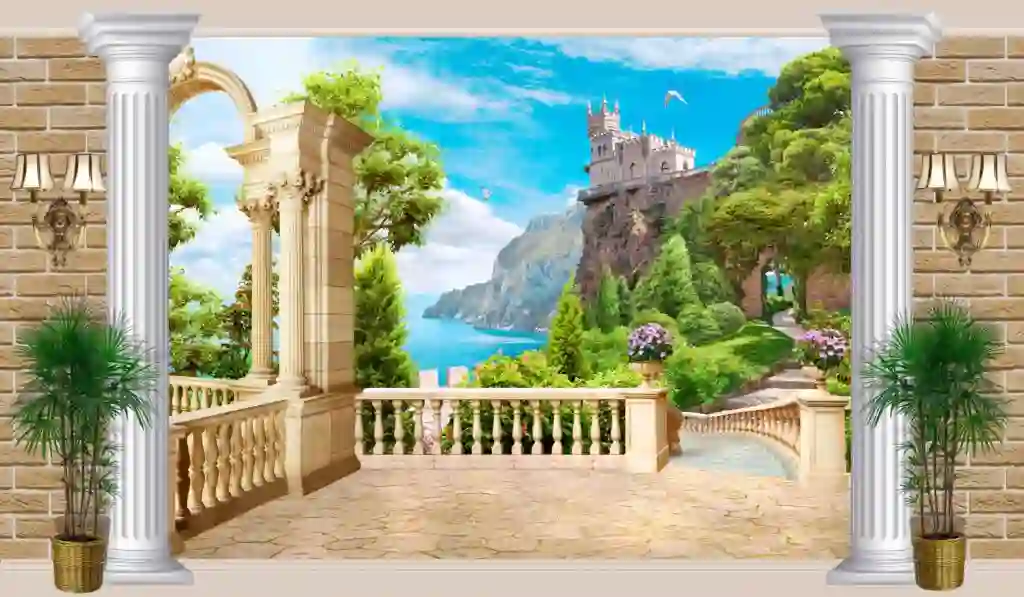 Italian Coast Balcony View with Gazebo 3D Wallpaper 2 Italian Coast Balcony View with Gazebo 3D Wallpaper