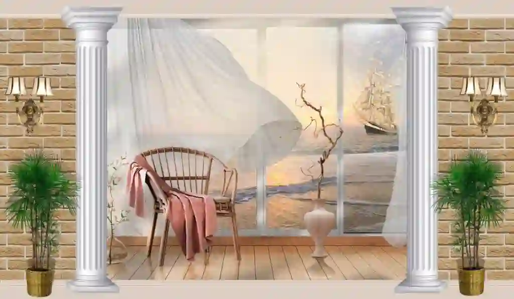 3D Wallpaper Window View of Seashore with Sailboat 2 3D Wallpaper Window View of Seashore with Sailboat