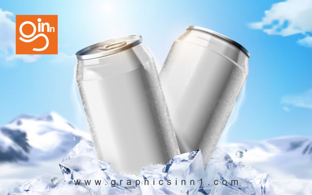 blank iced cold beverage aluminium can upon ice cubes blue background 3d illustration