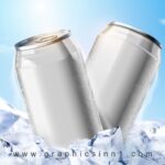 blank iced cold beverage aluminium can upon ice cubes blue background 3d illustration