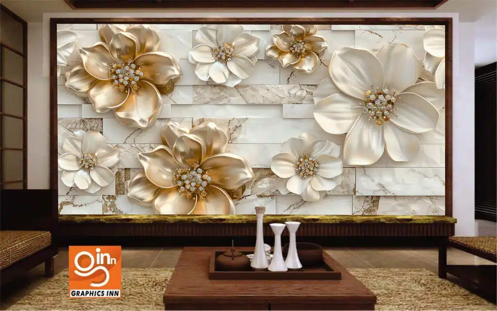 3D Gold Floral Wallpaper with Diamond Flowers