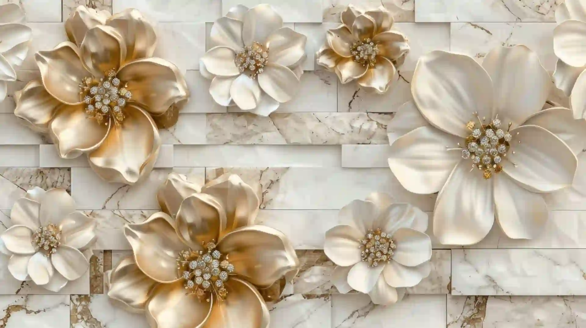3D Gold Floral Wallpaper with Diamond Flowers 2 3D Gold Floral Wallpaper with Diamond Flowers