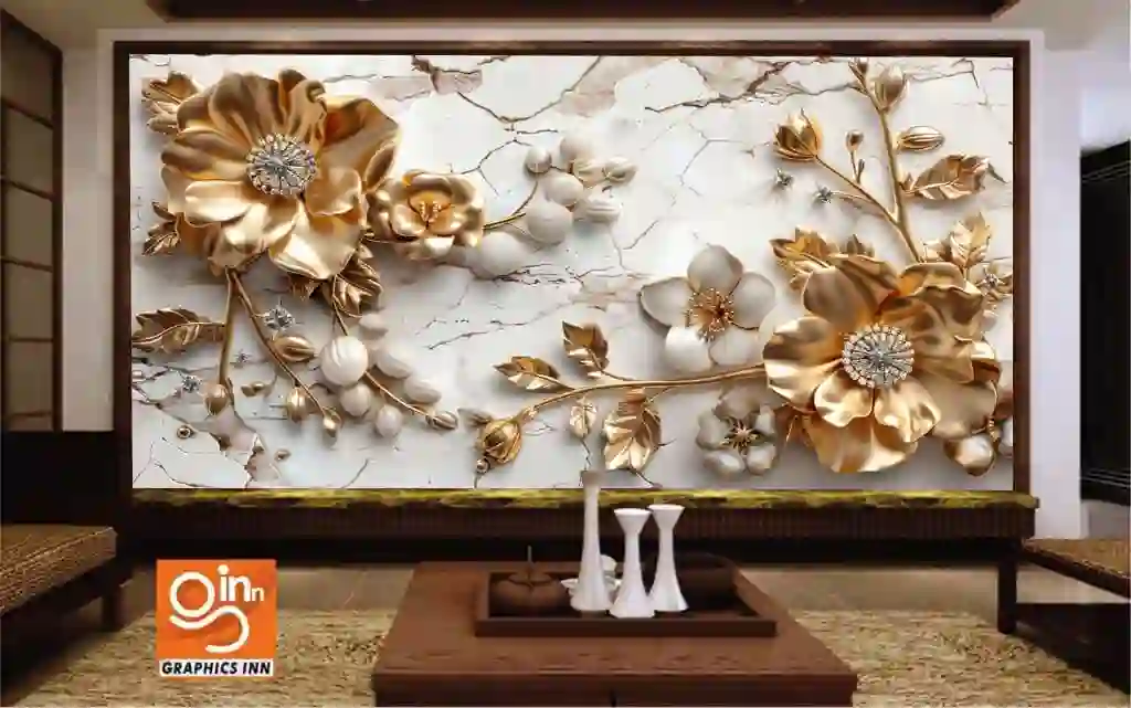 3D Floral Gold Flowers with Diamonds Wallpaper 1 3D Floral Gold Flowers with Diamonds Wallpaper