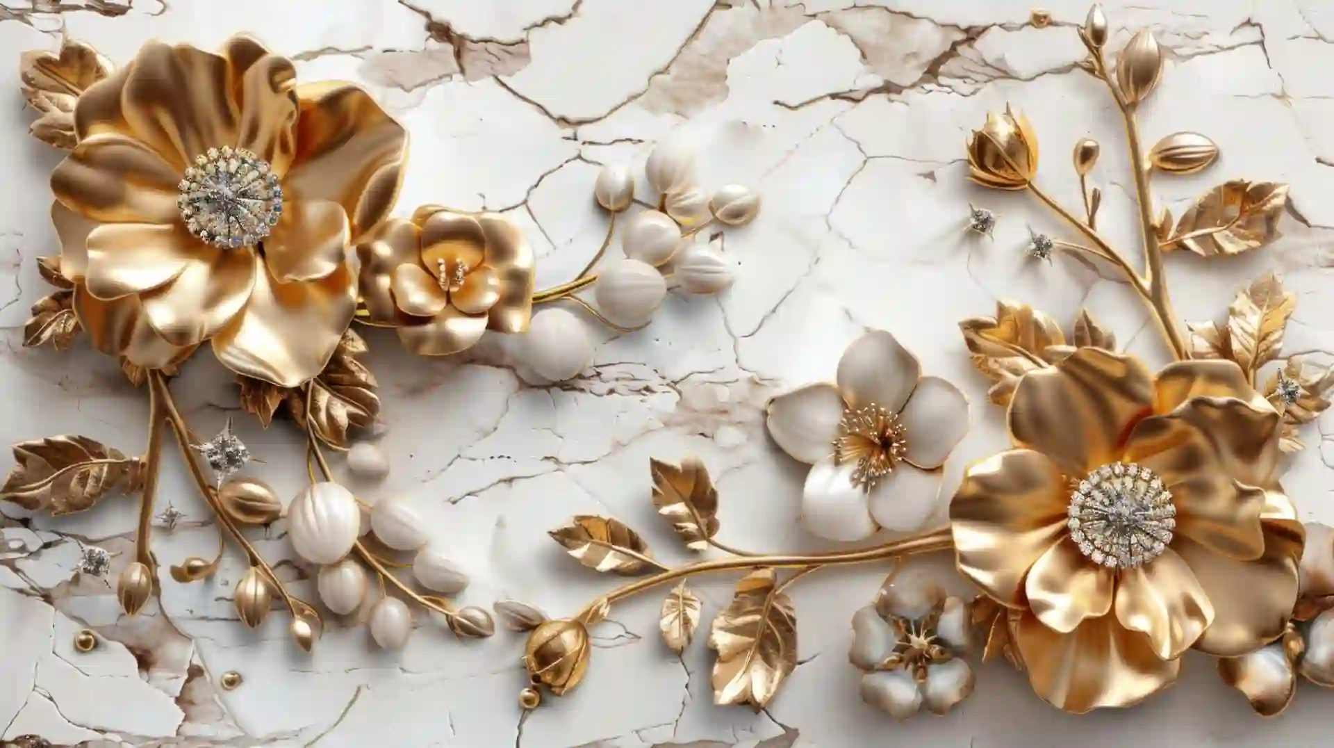 3D Floral Gold Flowers with Diamonds Wallpaper 2 3D Floral Gold Flowers with Diamonds Wallpaper