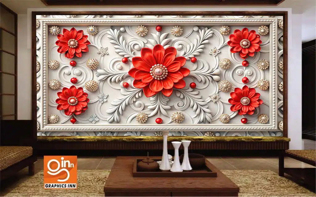 Classic 3D Red Flower Jewelry Wallpaper Illustration