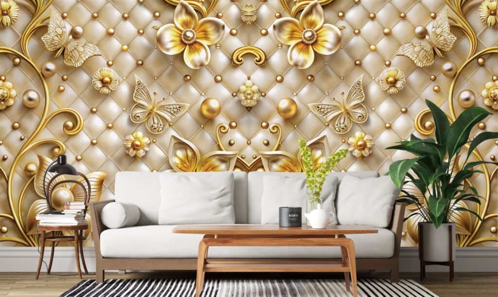 3d golden mural background with pearl flowers