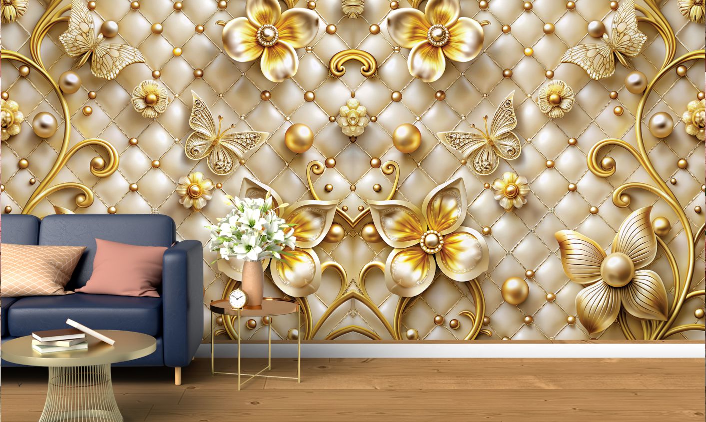 3d golden mural background with pearl flowers