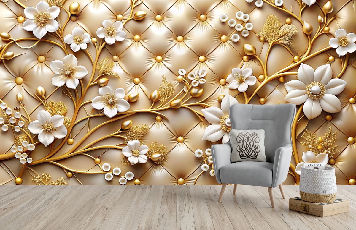 3d wallpaper white jewelry flowers with golden branches leather background d2