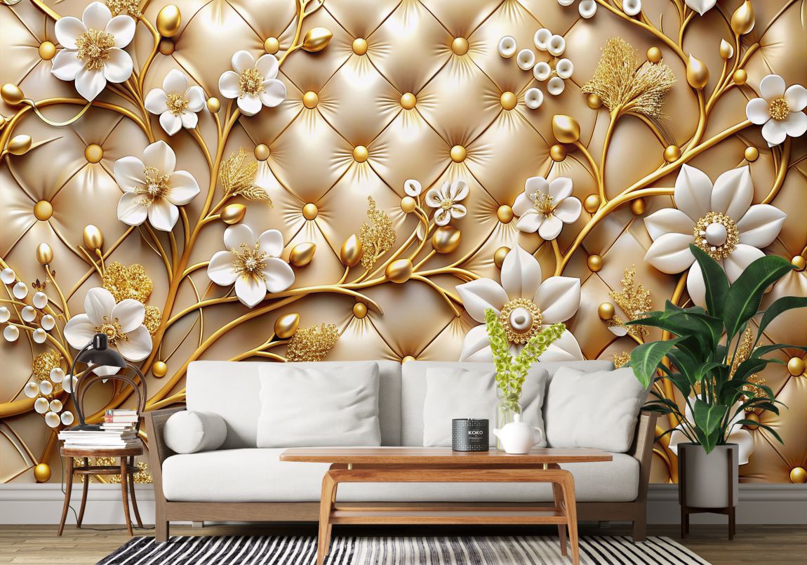 3d wallpaper white jewelry flowers with golden branches leather background