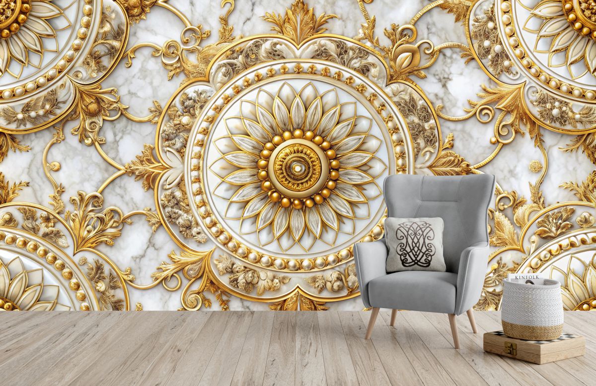 luxury marble seamless pattern with classic floral medallion repeat marbling composition with gold elements modern luxurious background