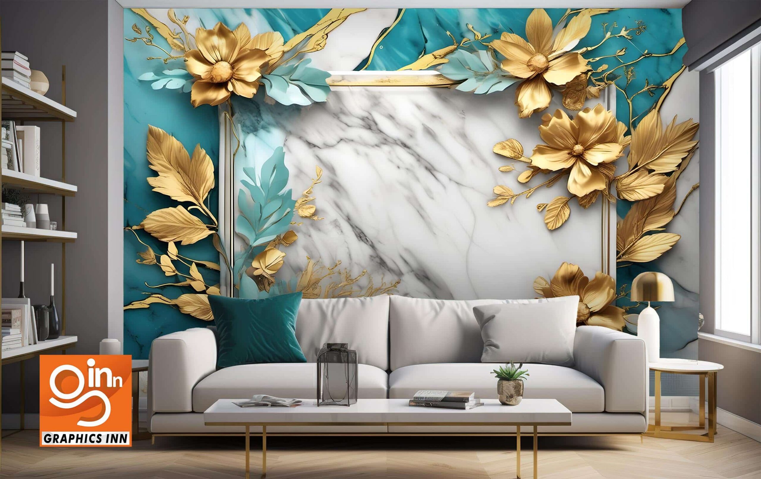 3d background illustration flower abstract marble golden white and cyan