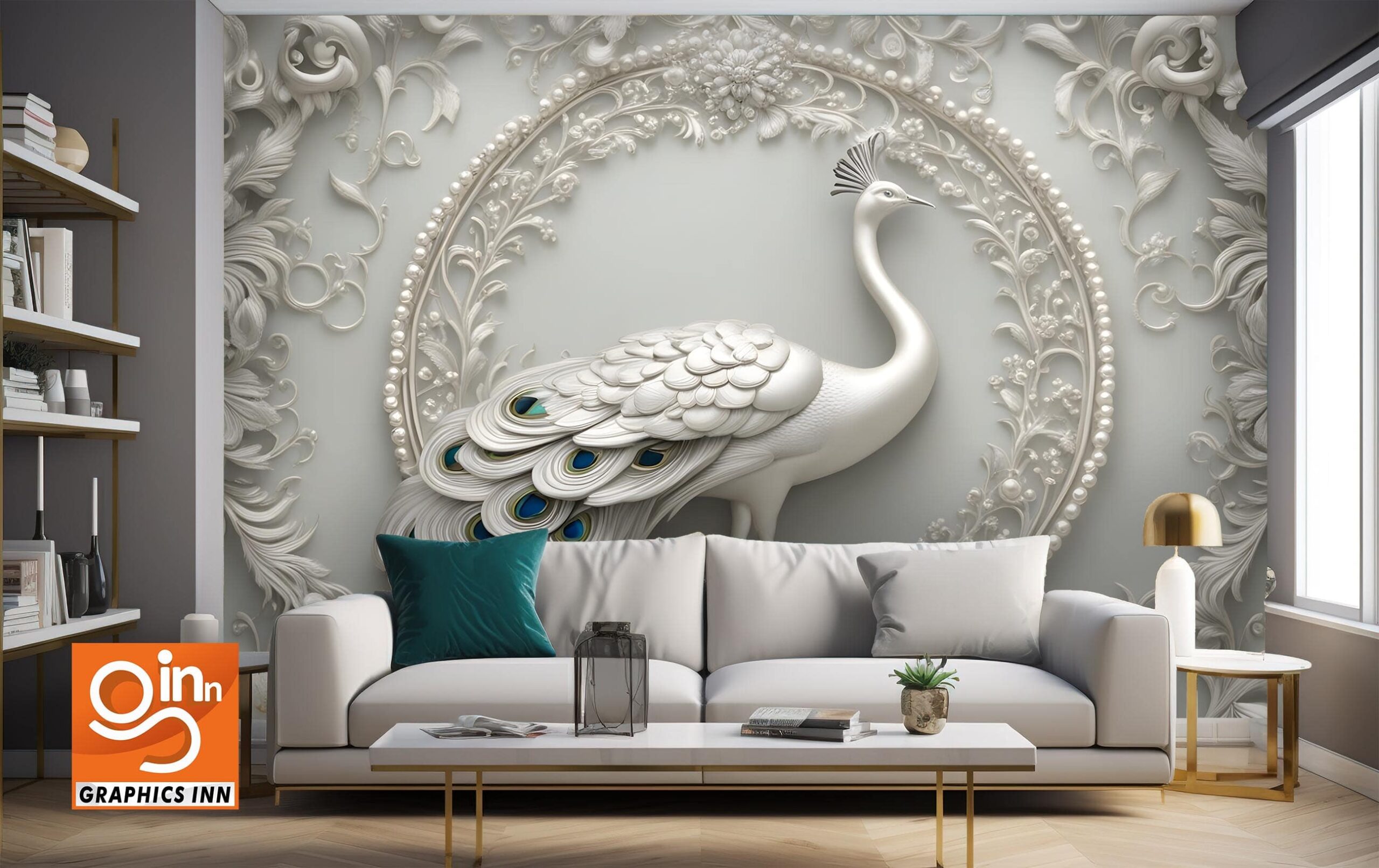 3d moulding wallpaper 3d classic peacock blue and white-min