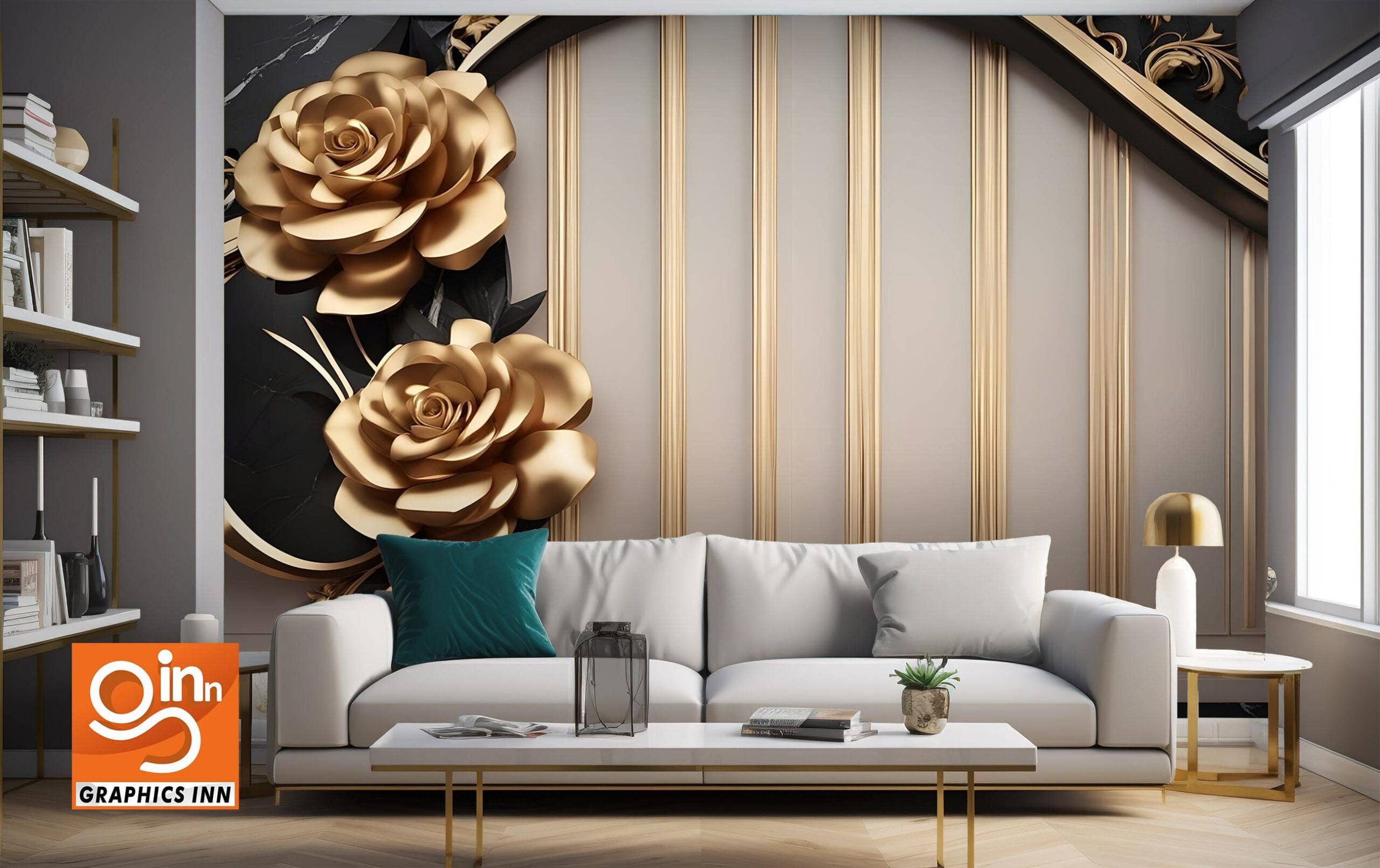 3D Mural Wallpaper Golden and Black Flowers