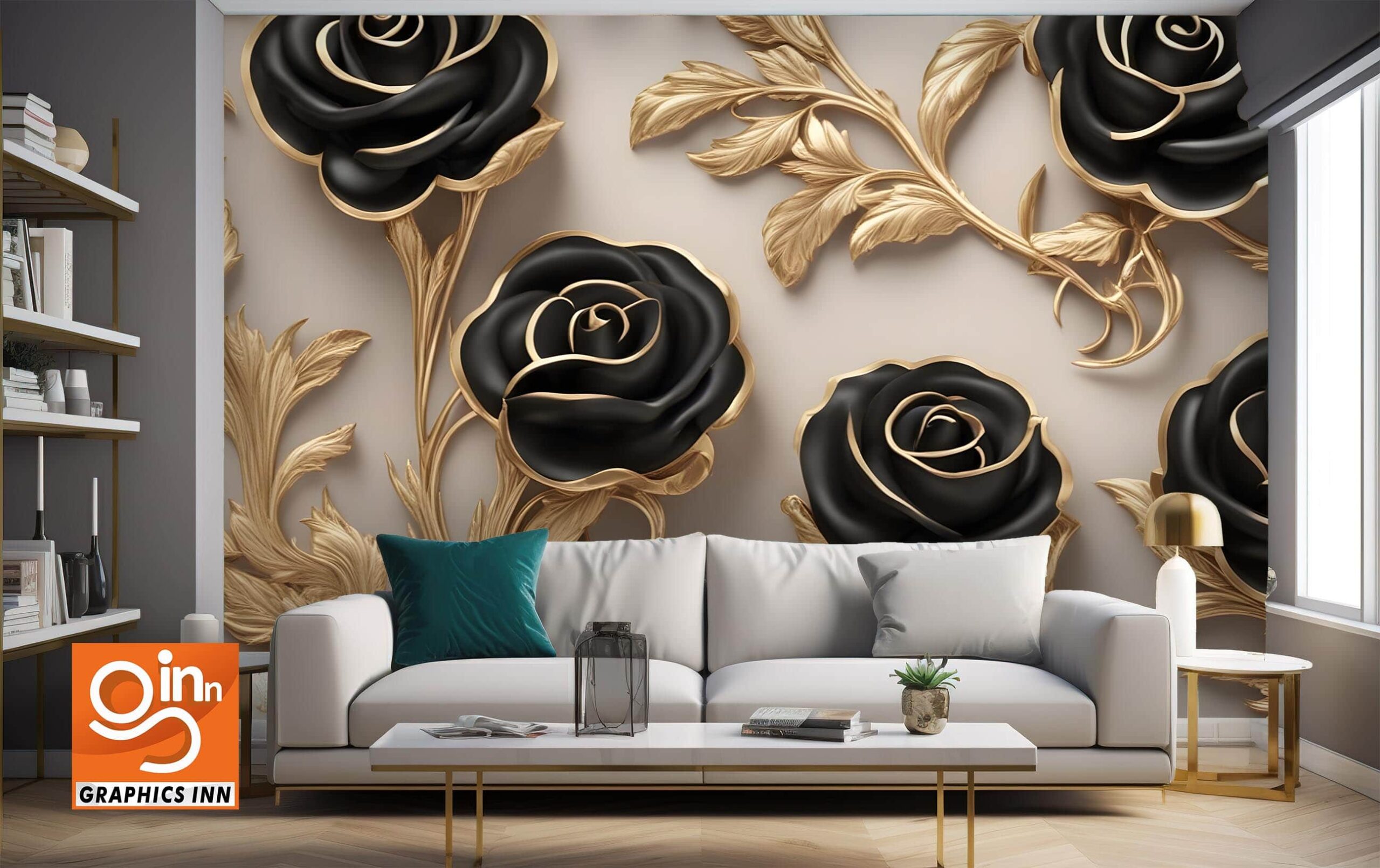 A gold and black floral arrangement of roses