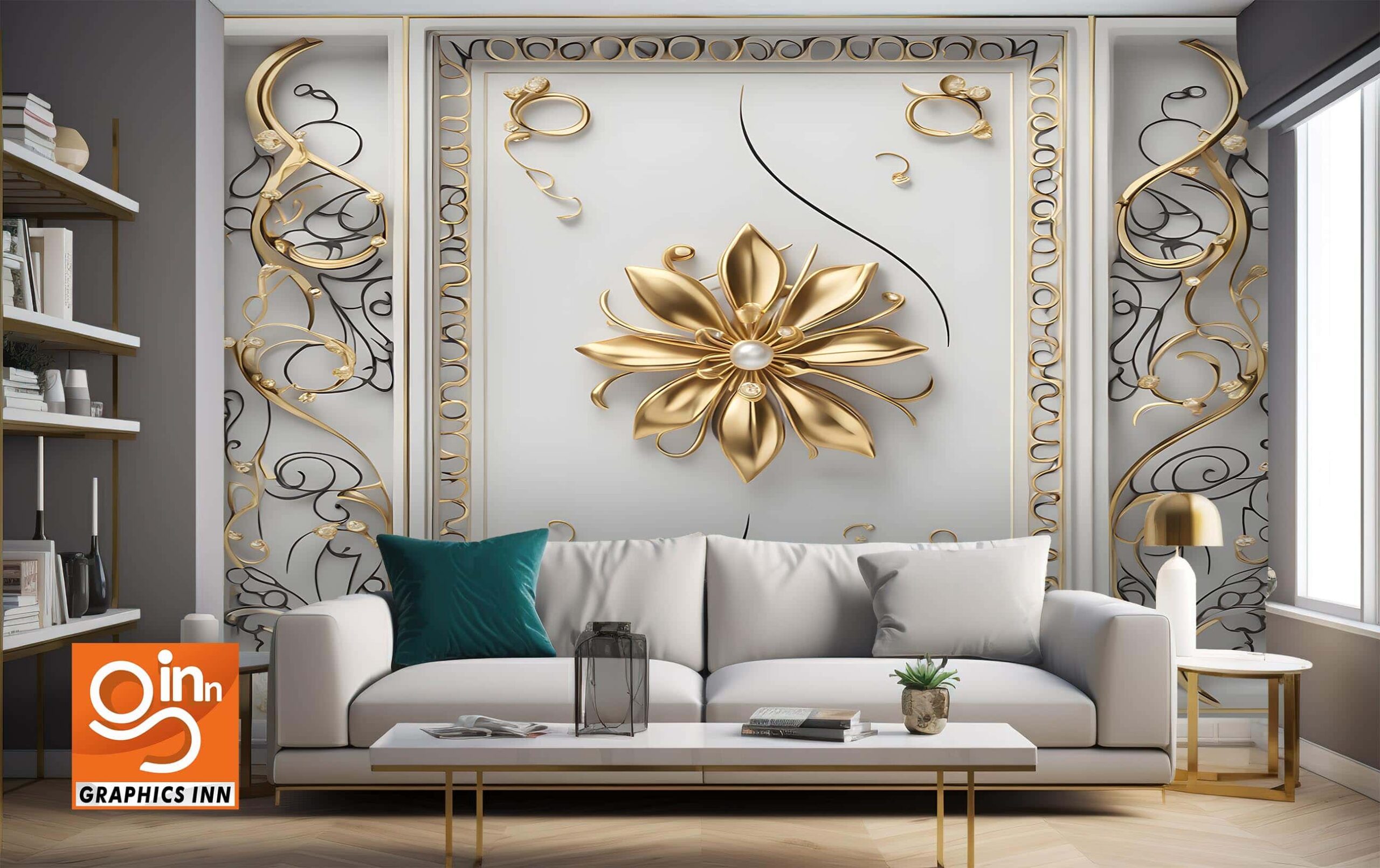 A wall with gold and white floral designs