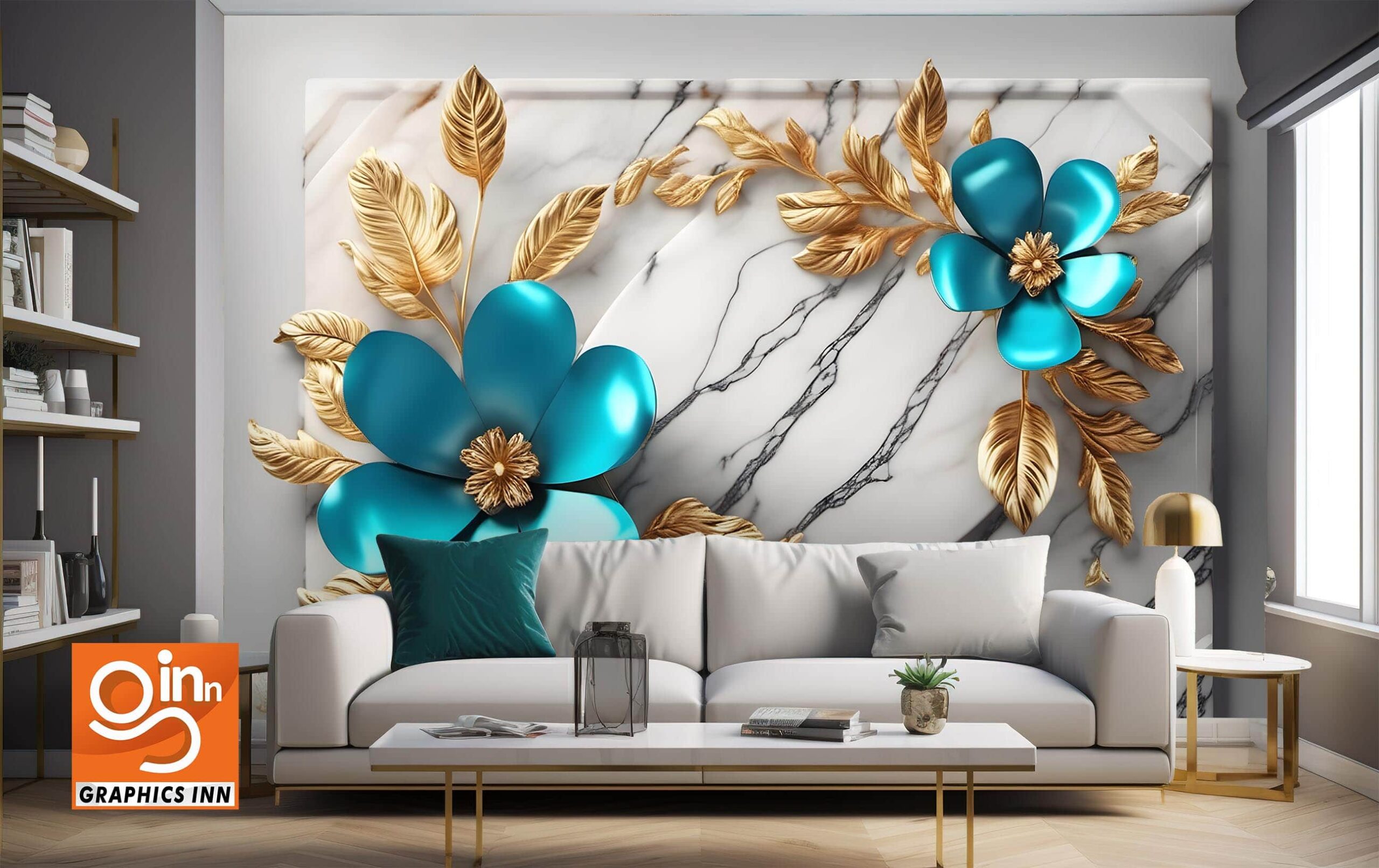 Background illustration design carve marble white flower cyan and leaves gold