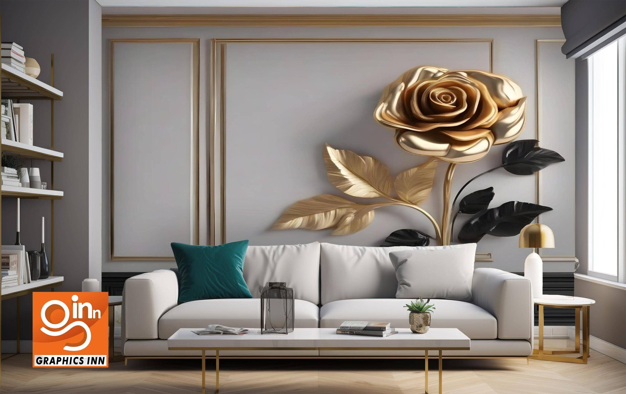Design interior wall render frame and rose gold tree