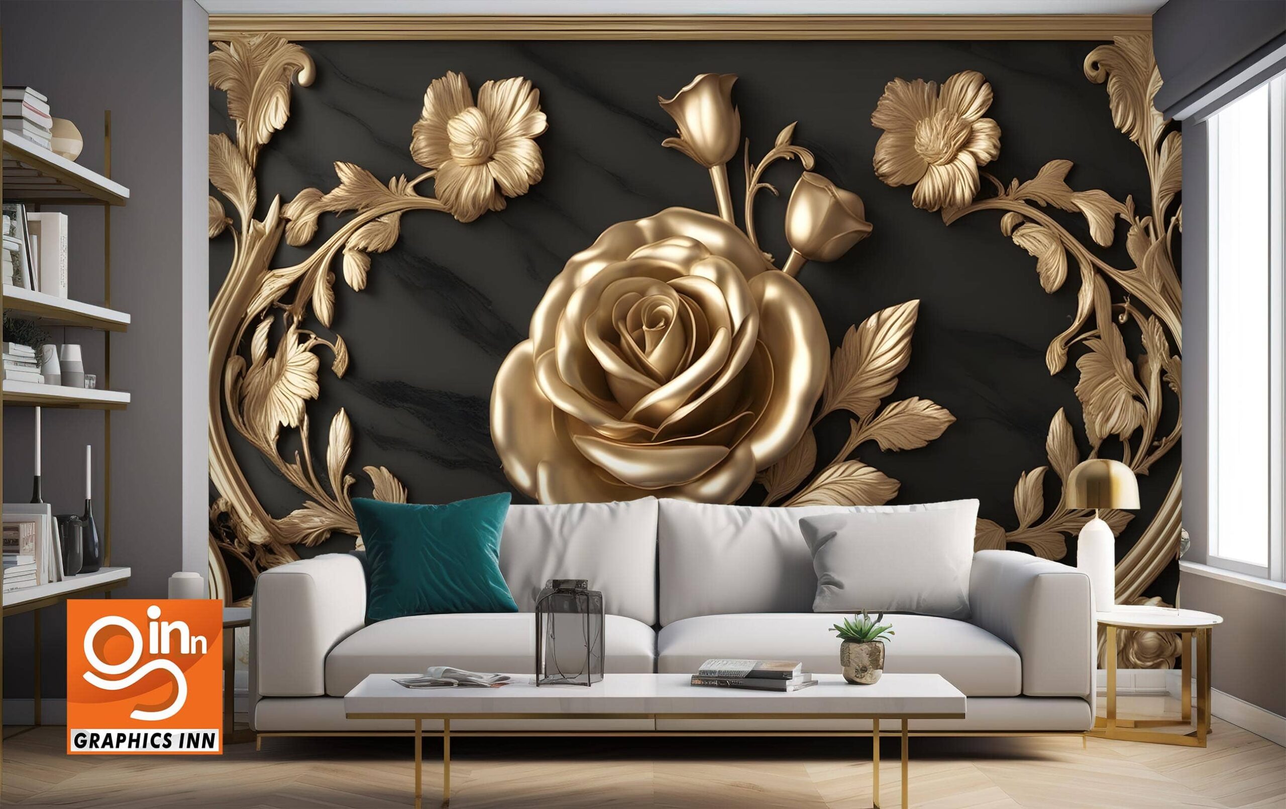 Design interior wall render marble and carve floral rose golden black