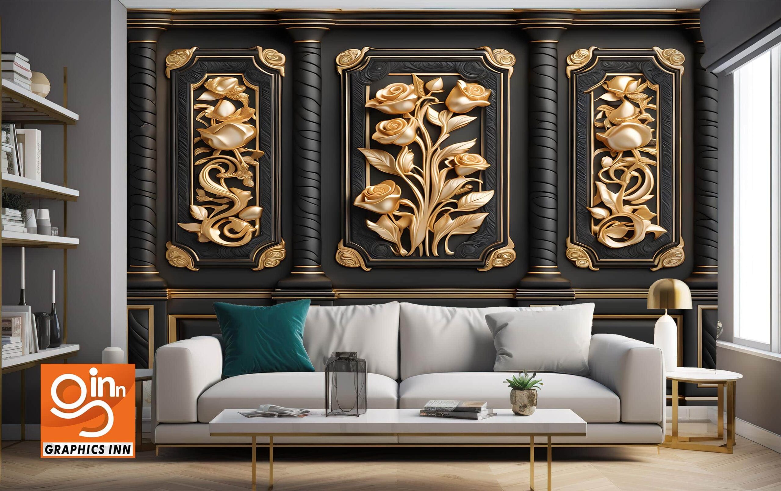 wallpaper 3d classic wall with gold black panels with gold designs