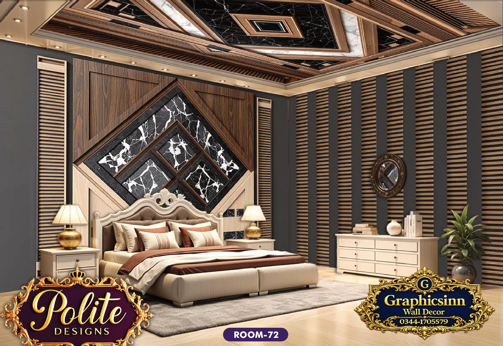 Geometric Wood and Marble Bedroom Wallpaper - Polite Designs 72