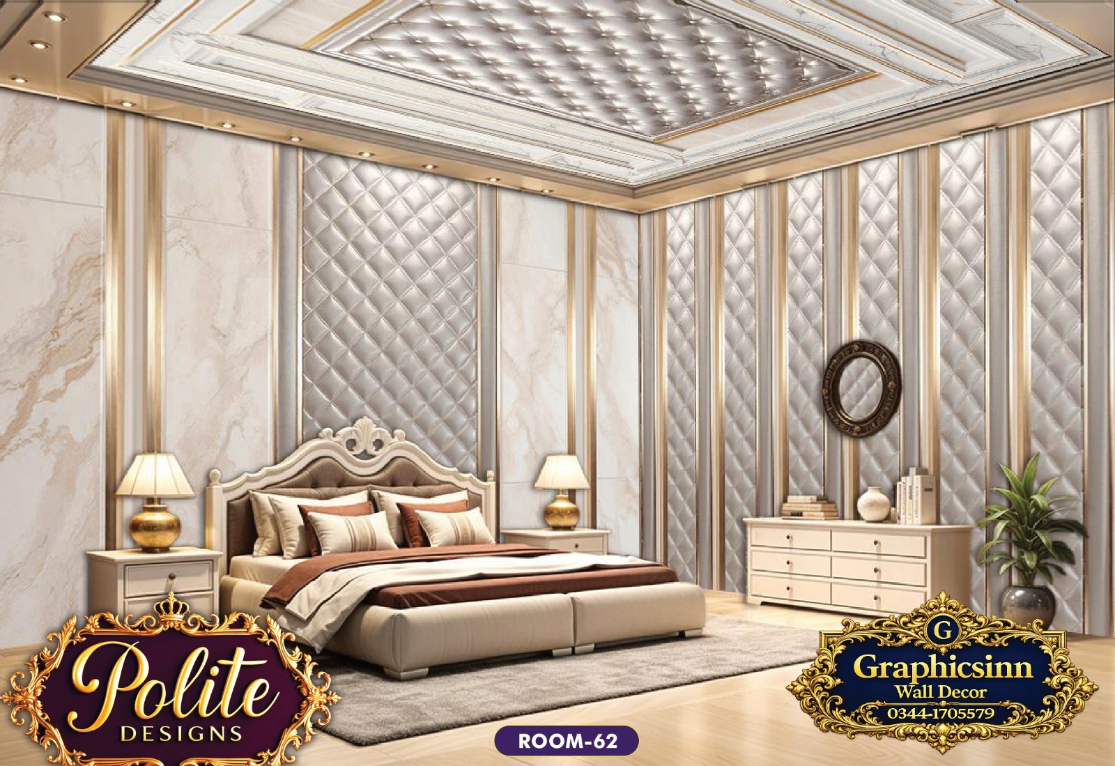 Luxury 3D Tufted Marble Bedroom Wallpaper Design - Polite Designs 62